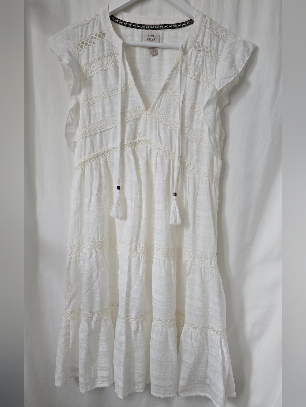 Knox Rose White V-Neck Tassel Tiered Boho Cottagecore Romantic Dress sz Small